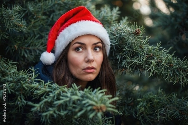 Fototapeta Woman hiding behind christmas tree. Girl with scared, open-eyed look in a santa claus hat looking out from the branches of juniper
