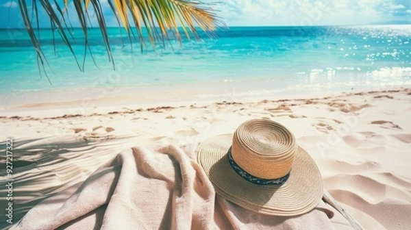 Fototapeta A cozy beach scene with a wide-brimmed straw hat and a beige blanket on the sand, under the shade of palm leaves, with the serene, turquoise ocean in the background.