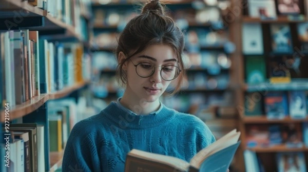 Fototapeta A young woman immersed in a book stands in a warm, inviting library nook, surrounded by shelves filled with books, encapsulating a moment of scholarly absorption.
