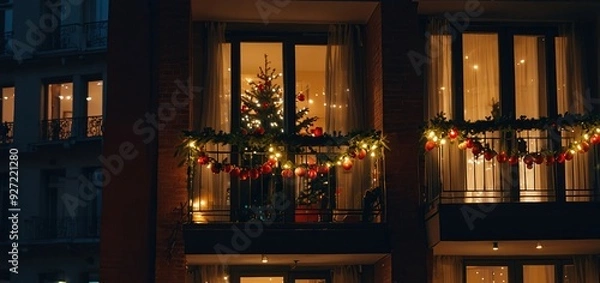 Fototapeta Stylish christmas decorations, red jingle bells, lights, fir branches with ornaments on balcony
