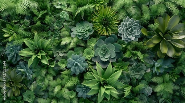 Fototapeta A top view 3D visualization of a lush vertical garden with a variety of green succulents and ferns, intricately arranged for a dense green wall texture.