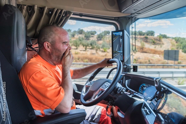 Fototapeta Truck driver driving the truck on the highway and yawning in a clear gesture of tiredness and fatigue at the wheel.