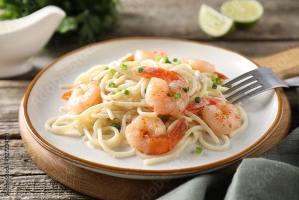 Fototapeta Delicious pasta with shrimps and green onions on wooden table, closeup