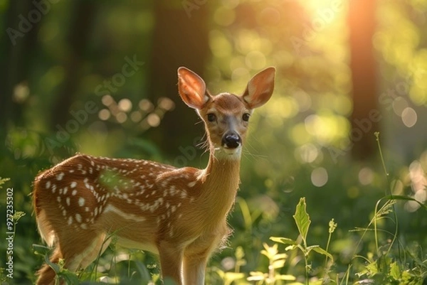 Fototapeta A young fawn stands in a lush, green forest clearing. The sunlight is filtering through the trees, creating a warm glow around the fawn