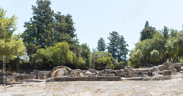 Fototapeta Stone  fragments of main fasade of synagogue from 1st 2nd centuries AD near Beit Shearim necropolis near Kiryat Tivon city in northern Israel