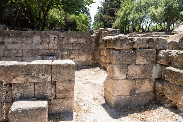 Fototapeta Stone  fragments of the inner rooms of synagogue from 1st 2nd centuries AD near Beit Shearim necropolis near Kiryat Tivon city in northern Israel
