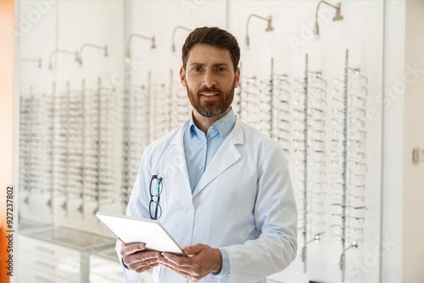 Fototapeta ophthalmologist with eyeglasses using digital tablet while working in optics store