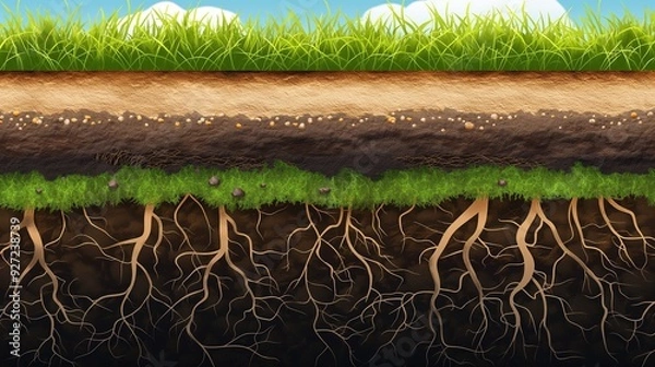 Fototapeta A vector graphic showing a cross-section of soil with grass growing on top, detailing the roots and earth layers beneath a lush green surface.