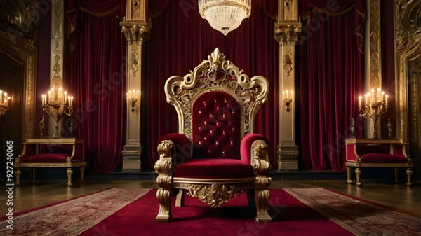 Fototapeta A red chair with a gold frame and red curtains with candles on it.