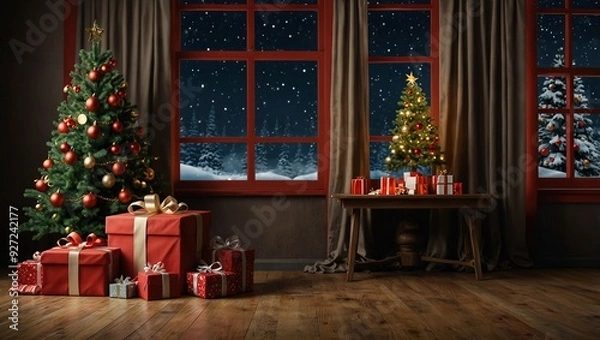 Fototapeta Cristmas backdrop with xmas tree, gifts and red windows
