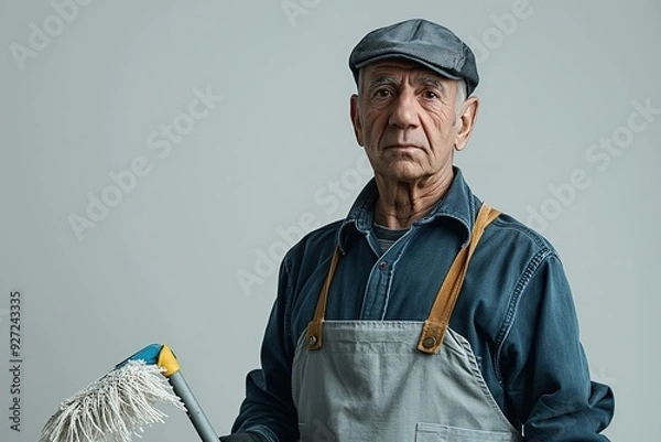Obraz Senior man in a work uniform and cap holding a mop.