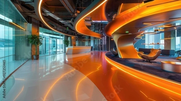 Fototapeta Lava floor lights up futuristic tech hub