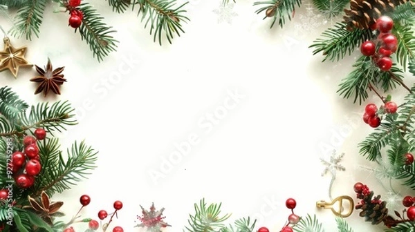 Fototapeta festive christmas frame with pine branches, red berries, and golden decorations on a white background with copy space