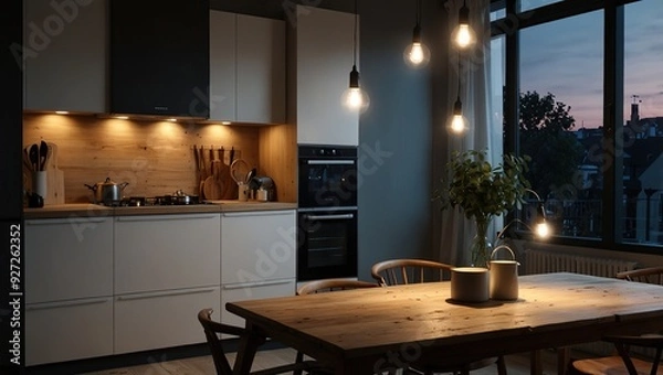 Fototapeta Scandinavian interior style kitchen at night with strings of light