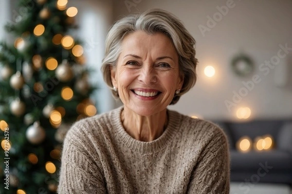Fototapeta Season, winter, holiday and celebration concept. Picture of cheerful middle aged lady with short haired and broad radiant smile enjoying preparations for Xmas, posing at decorated pine tree at home