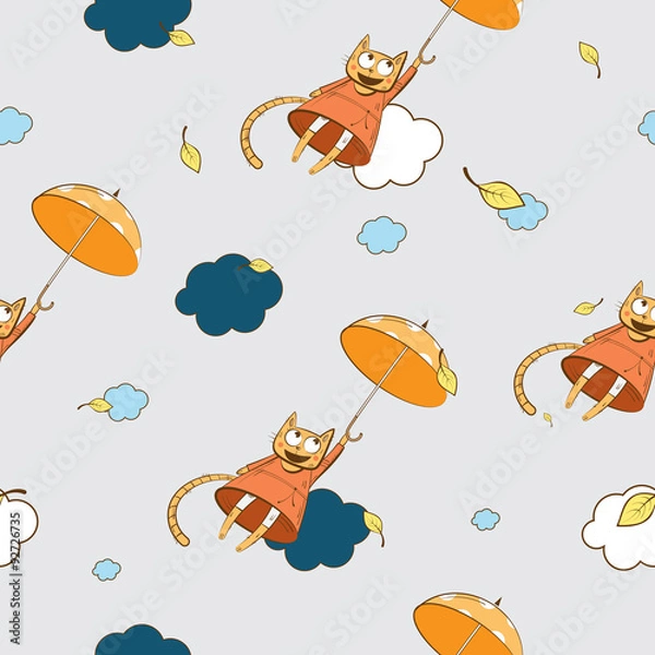 Fototapeta Autumn vector seamless pattern with the cats flying in the sky on umbrellas.