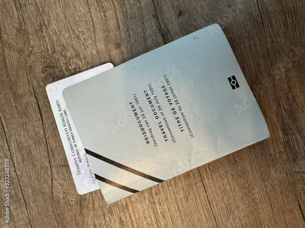 Fototapeta Dutch refugee passport and Turkish identity card are issued to people who apply for asylum in the Netherlands and are granted asylum. This passport and Turkish ID card allows him to travel to other co