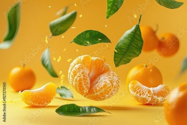Obraz A ripe mandarine with falling leaves isolated on yellow background portraying levitation High resolution photo
