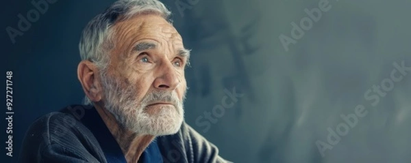 Fototapeta Introspective senior man gazing upward, deep in thought, with soft natural light.