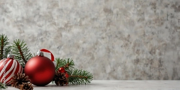 Fototapeta White table with Christmas decorations and space in the middle for text. Christmas composition with gifts, fir branches, lollipop, Santa hat and pinecones