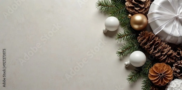 Fototapeta White table with Christmas decorations and space in the middle for text. Christmas composition with gifts, fir branches, lollipop, Santa hat and pinecones