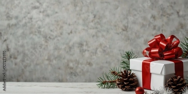 Fototapeta White table with Christmas decorations and space in the middle for text. Christmas composition with gifts, fir branches, lollipop, Santa hat and pinecones