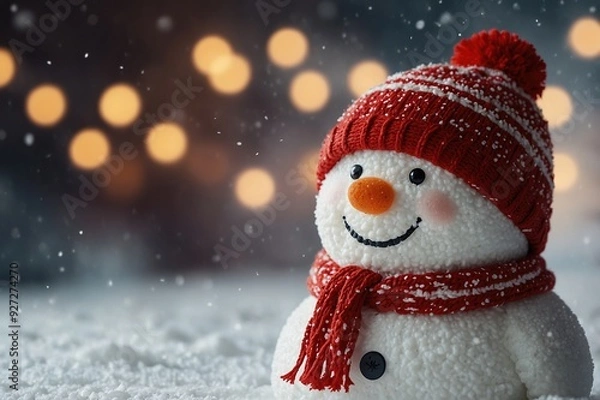 Fototapeta Winter holiday christmas background banner - Closeup of cute funny laughing snowman with wool hat and scarf, on snowy snow snowscape with bokeh lights 