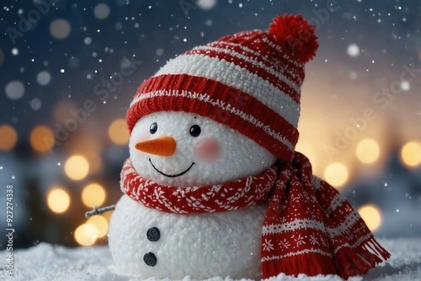 Fototapeta Winter holiday christmas background banner - Closeup of cute funny laughing snowman with wool hat and scarf, on snowy snow snowscape with bokeh lights 