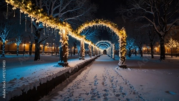 Fototapeta the winter park is decorated with garlands, the beautiful photo zone is covered with snow, the fabulous atmosphere of the night city
