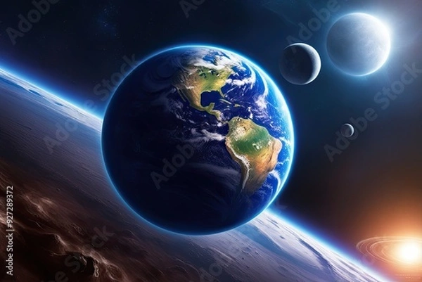 Fototapeta 3D Illustration of Planet Earth and the Moon in Deep Space: High Quality Visualizations of the Cosmos and Solar System