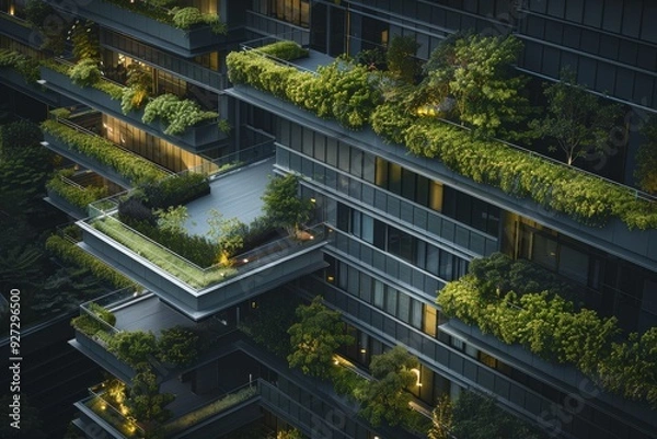 Fototapeta Eco-friendly building. Sustainable office building with garden on balconies for reducing carbon dioxide. Office building with green environment. Corporate building reduce CO2. Net zero building.