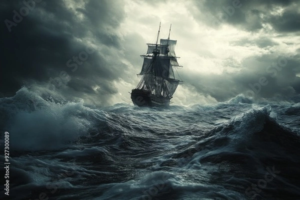 Fototapeta Dynamic pirate ship navigating turbulent seas under stormy skies
