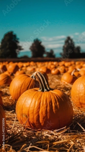 Fototapeta Wide-angle view of a vast pumpkin patch in the countryside during autumn, featuring countless orange pumpkins on straw-covered ground with trees and blue sky in the background