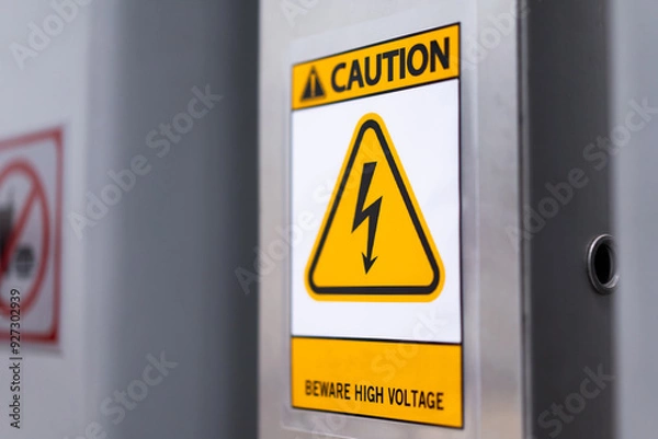 Fototapeta Caution sign: Beware of high voltage on the wall of the building, safety concept