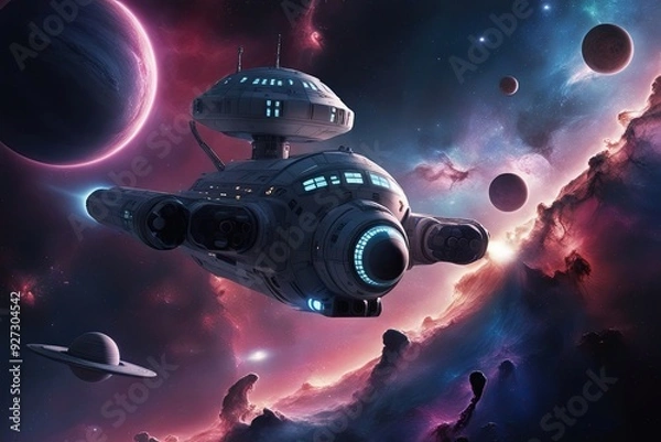 Fototapeta High Resolution 3D Visualization of a Futuristic Spacecraft Adventure in a Cosmic Nebula Galaxy