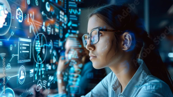 Fototapeta A woman is looking at a computer screen with a lot of blue and red shapes. She is wearing glasses and she is focused on the screen. Concept of technology and modernity.