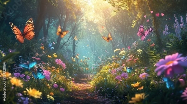 Fototapeta A colorful butterfly garden with many butterflies flying around