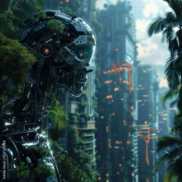 Fototapeta A futuristic robot with green plants growing on its exterior stands in front of a cityscape with a blurry background.