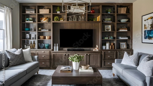 Fototapeta A living room with an organized entertainment cent