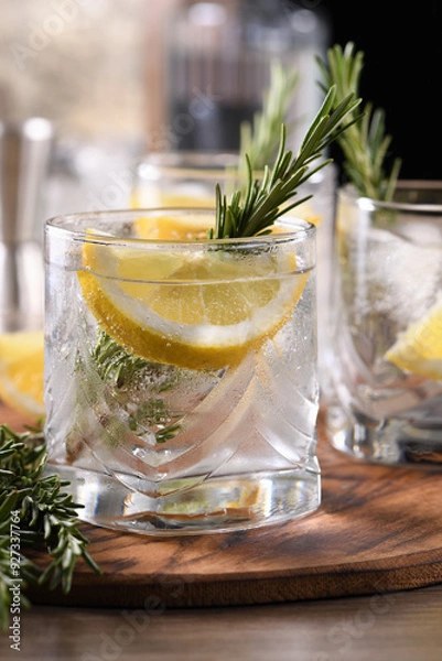 Fototapeta This is a great refreshing organic gin and tonic cocktail with a squeeze of lemon and rosemary. Perfect for vegetarians.