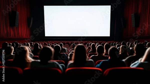 Obraz Audience In A Movie Theater Watching A Film On A Large Blank Screen With Red Seats Surrounding Them