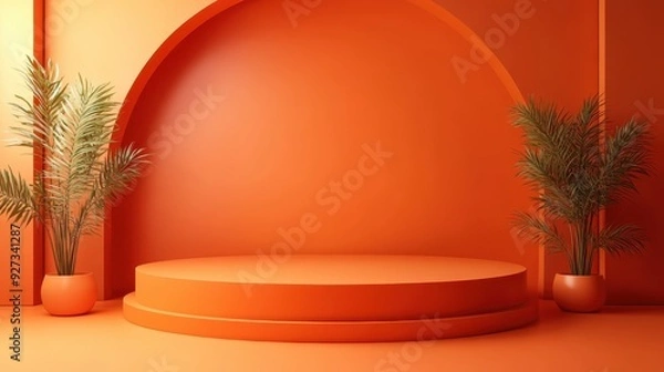 Fototapeta Vibrant 3D Orange Podium for Product Display on Minimalistic Background
