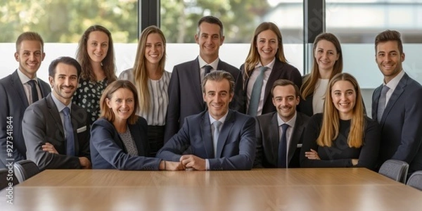 Fototapeta A group of people in suits are posing for a photo. Scene is professional and serious