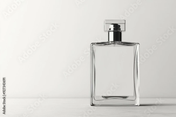 Fototapeta Elegant mockup of a blank perfume bottle displayed on a minimalist surface with soft lighting