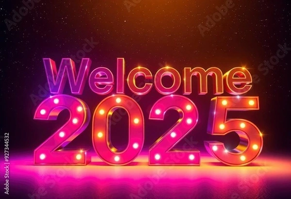 Fototapeta 3D rendering of the text 'Welcome 2025' in bold, metallic letters, illuminated with colorful neon lights, set against a dark, starry night sky backdrop., ai