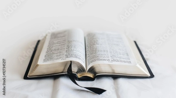 Obraz Open holy bible on a white cloth, perfect for religious projects, conveys peace and contemplation