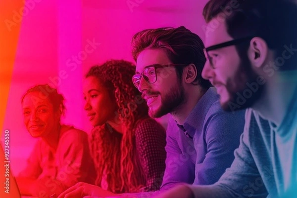 Fototapeta Group of Diverse People Working Together in a Vibrant Office Space