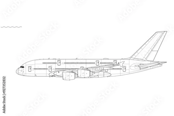 Fototapeta Airbus A380-800. Vector drawing of long-range, passenger jet airliner. Side view. Image for illustration and infographics.