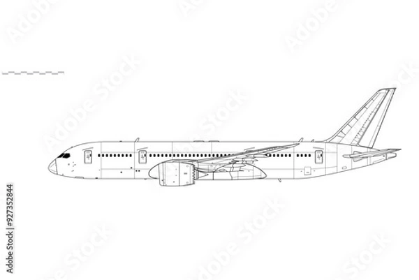 Fototapeta Boeing 787-8 Dreamliner. Vector drawing of passenger jet airliner. Side view. Image for illustration and infographics.