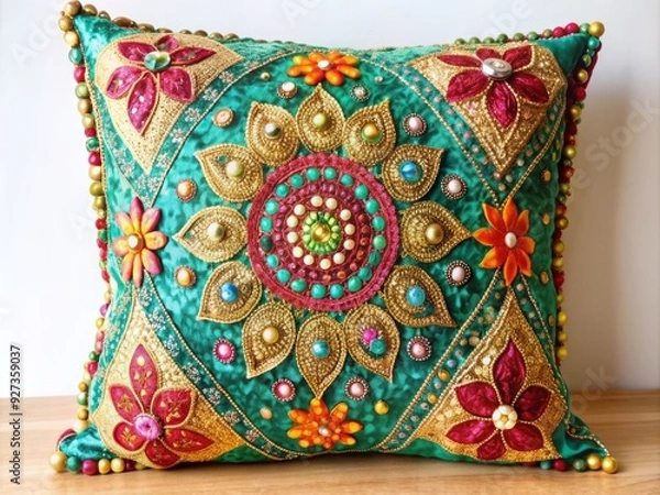 Fototapeta Vibrant, intricately designed, handmade embellished cushion covers with elaborate patterns, beads, and sequins, adding a touch of luxury and elegance to any home decor setting.